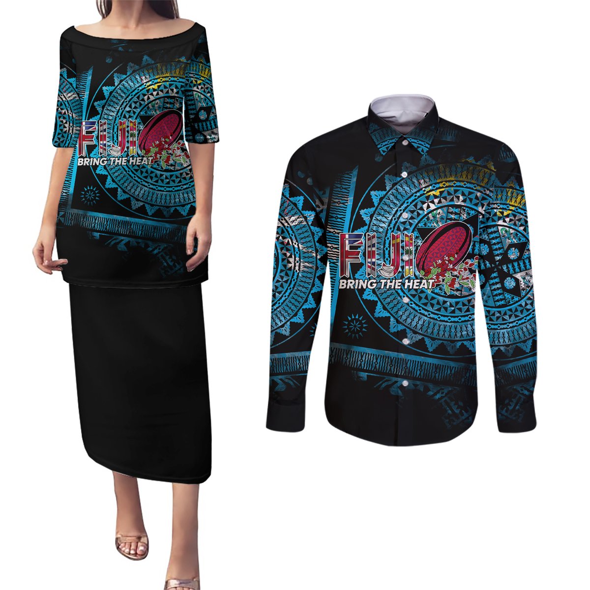 Fiji Rugby Couples Matching Puletasi Dress and Long Sleeve Button Shirts Bring The Heat DT02 Blue - Polynesian Pride
