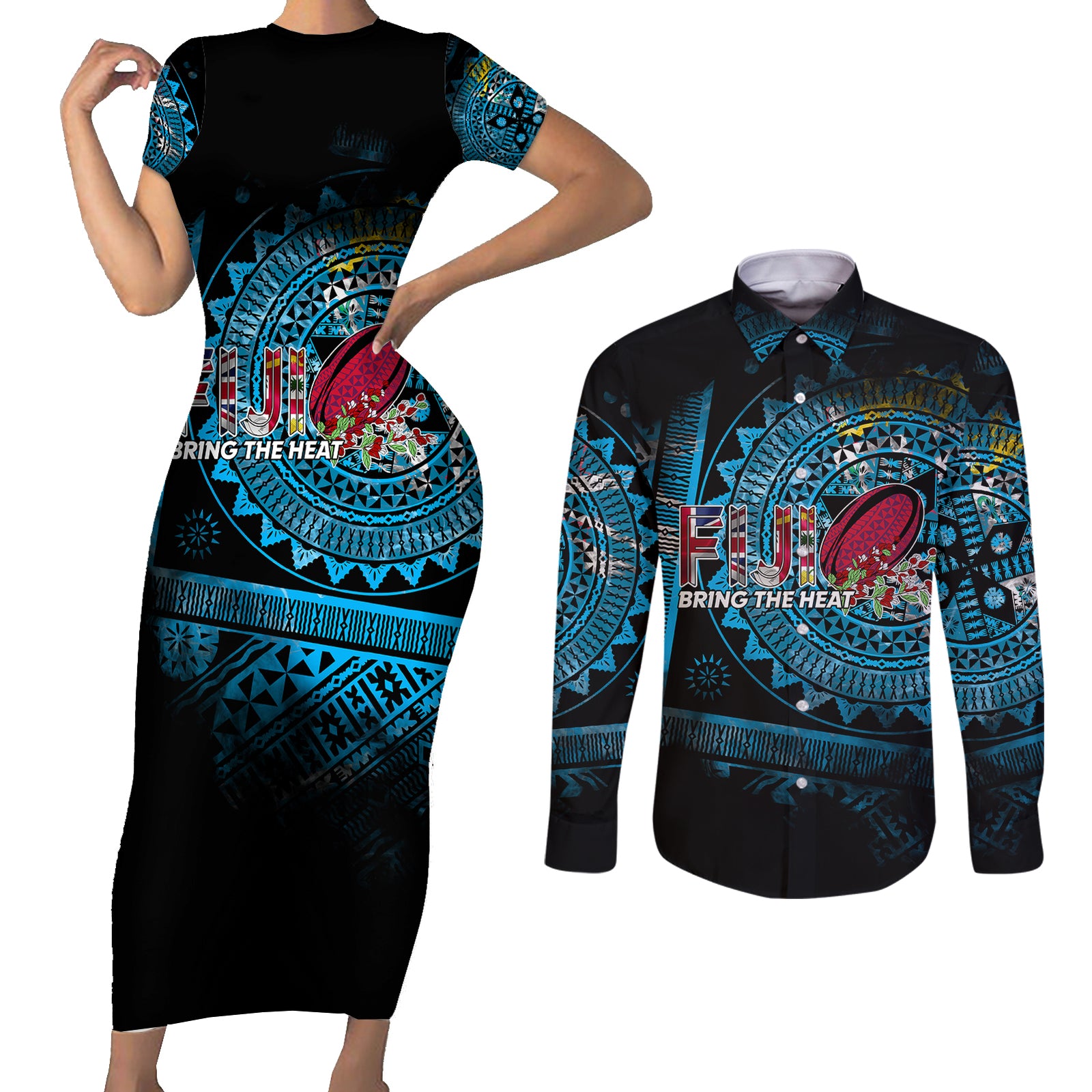 Fiji Rugby Couples Matching Short Sleeve Bodycon Dress and Long Sleeve Button Shirts Bring The Heat DT02 Blue - Polynesian Pride
