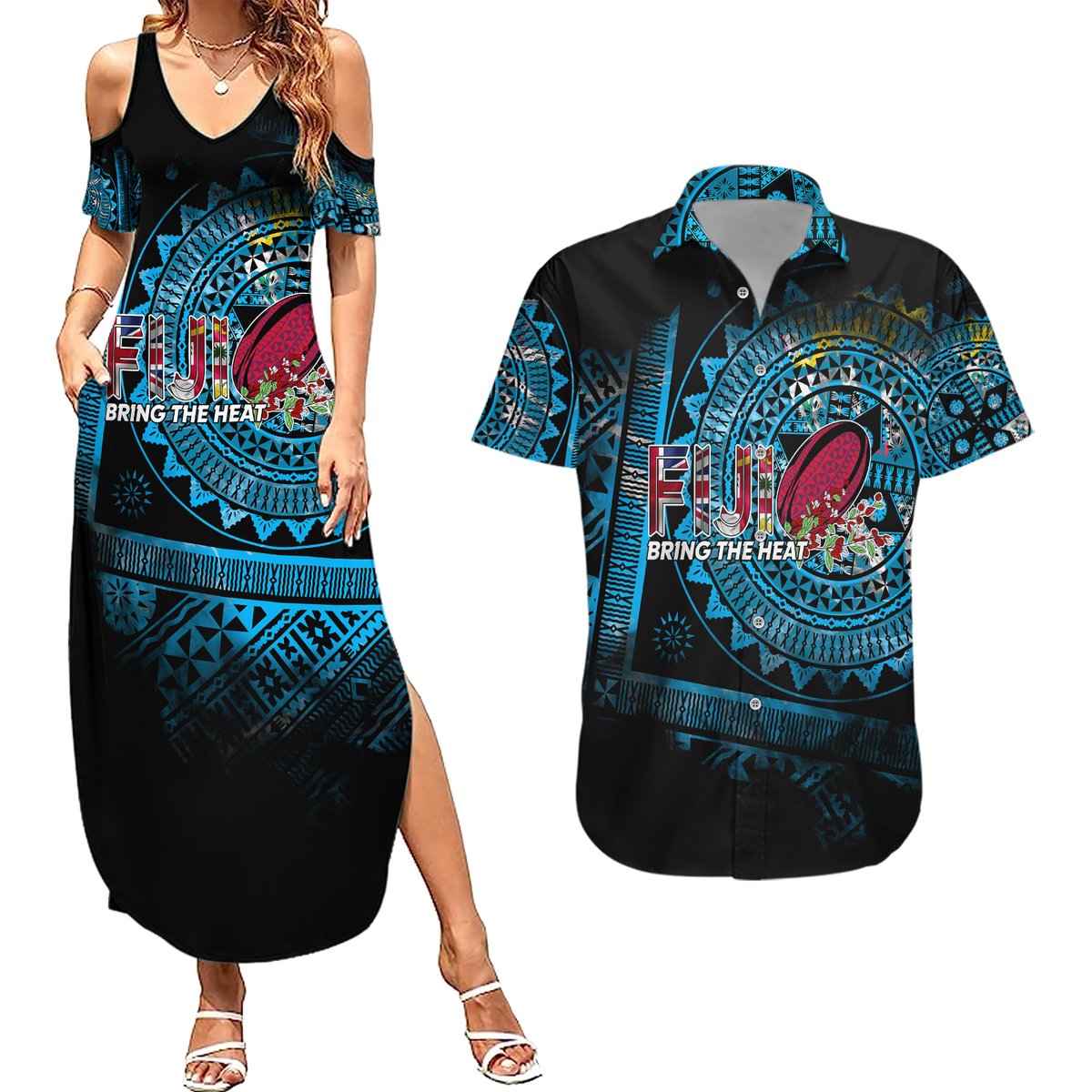 Fiji Rugby Couples Matching Summer Maxi Dress and Hawaiian Shirt Bring The Heat DT02 Blue - Polynesian Pride