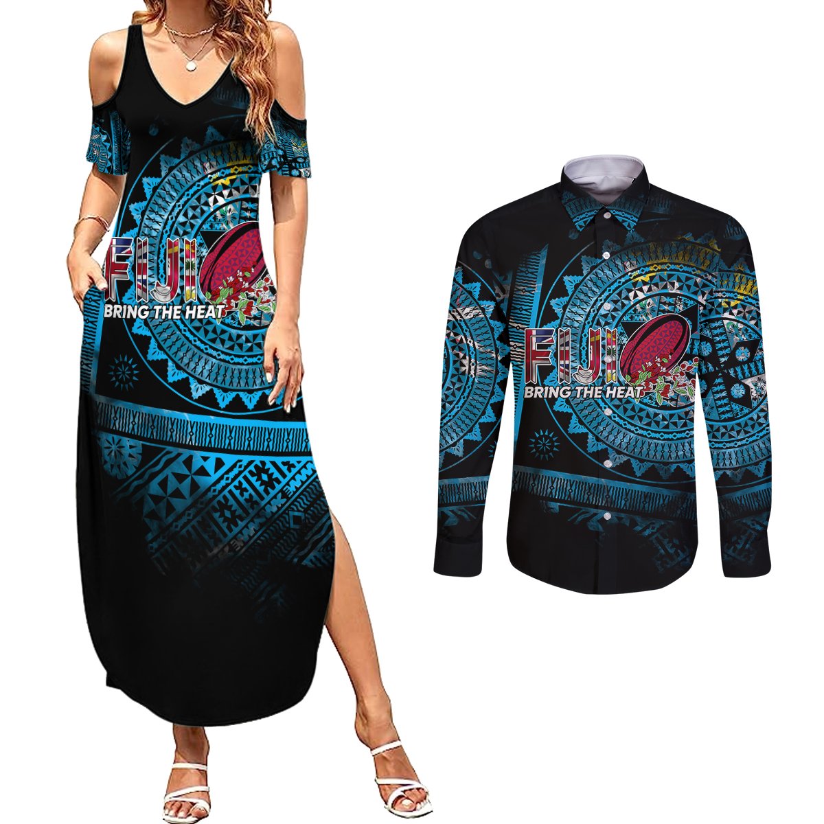 Fiji Rugby Couples Matching Summer Maxi Dress and Long Sleeve Button Shirts Bring The Heat DT02 Blue - Polynesian Pride