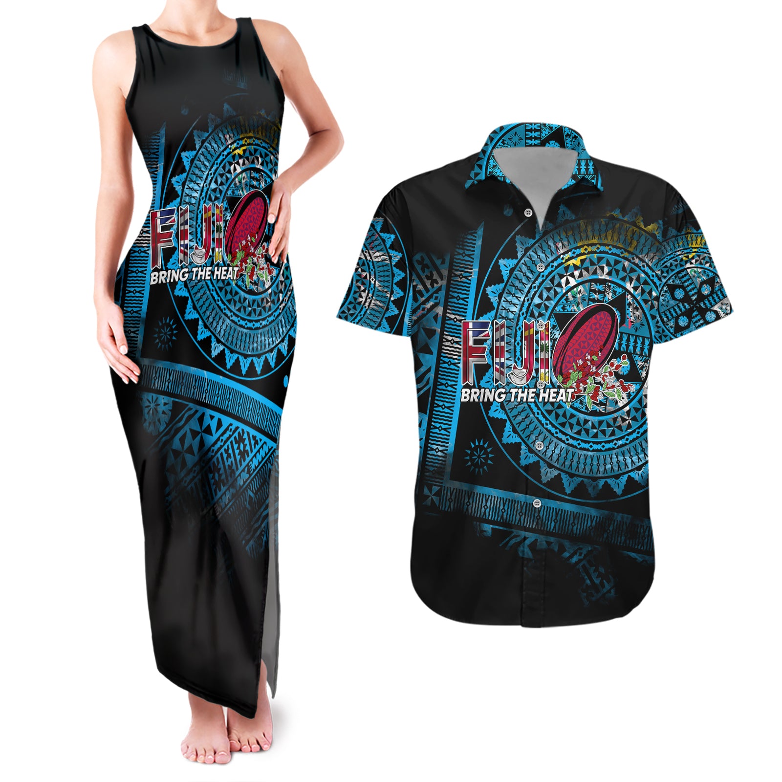 Fiji Rugby Couples Matching Tank Maxi Dress and Hawaiian Shirt Bring The Heat DT02 Blue - Polynesian Pride