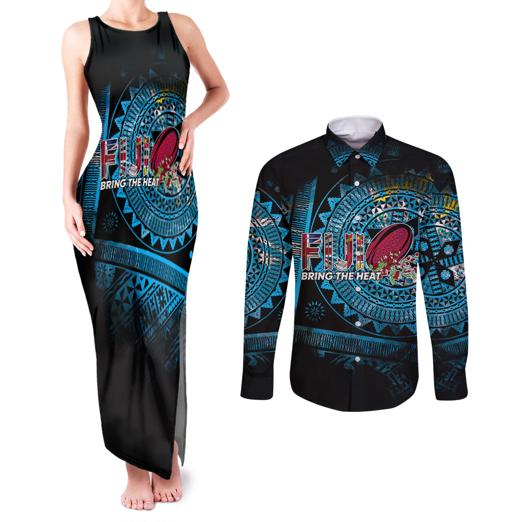 Fiji Rugby Couples Matching Tank Maxi Dress and Long Sleeve Button Shirts Bring The Heat DT02 Blue - Polynesian Pride