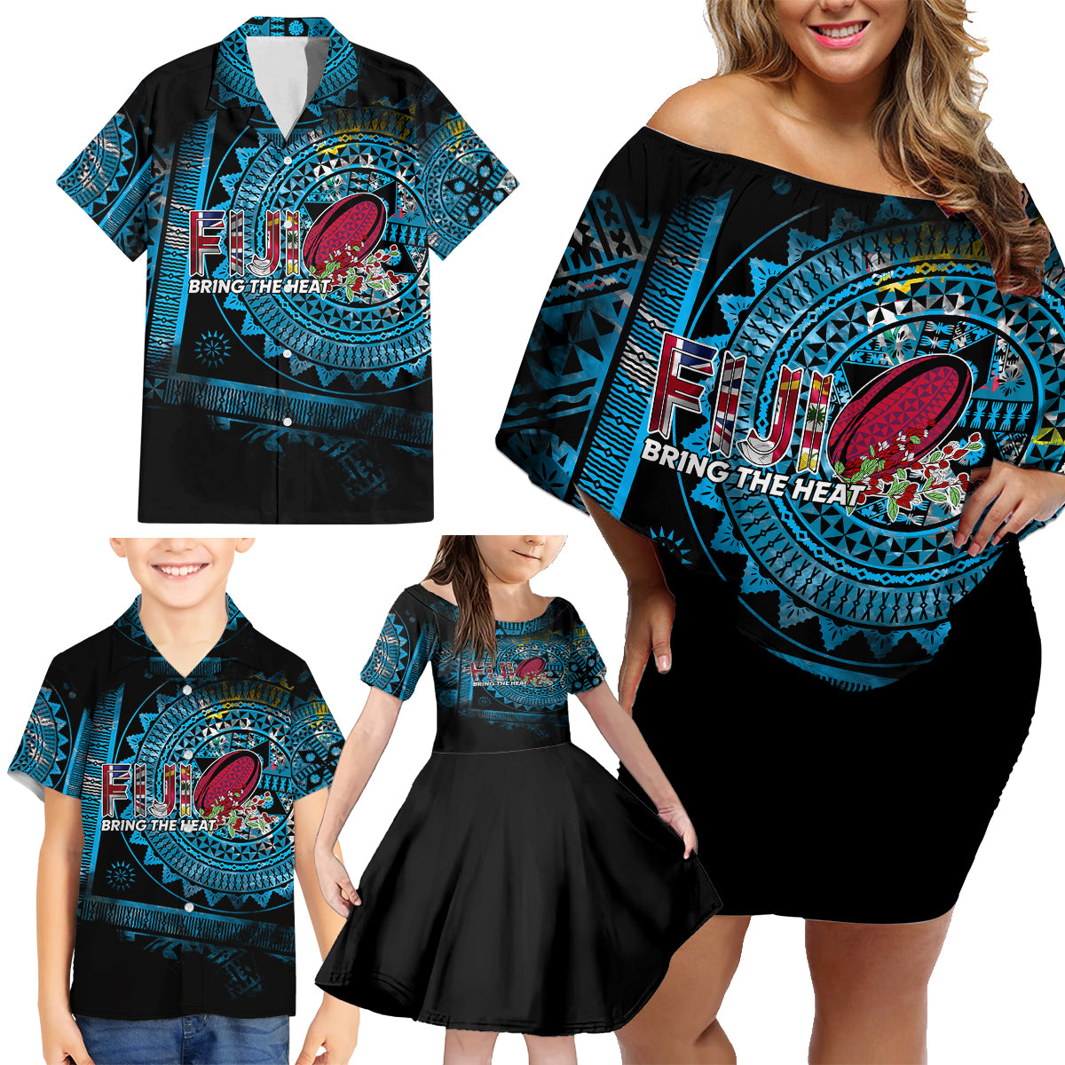 Fiji Rugby Family Matching Off Shoulder Short Dress and Hawaiian Shirt Bring The Heat DT02 - Polynesian Pride