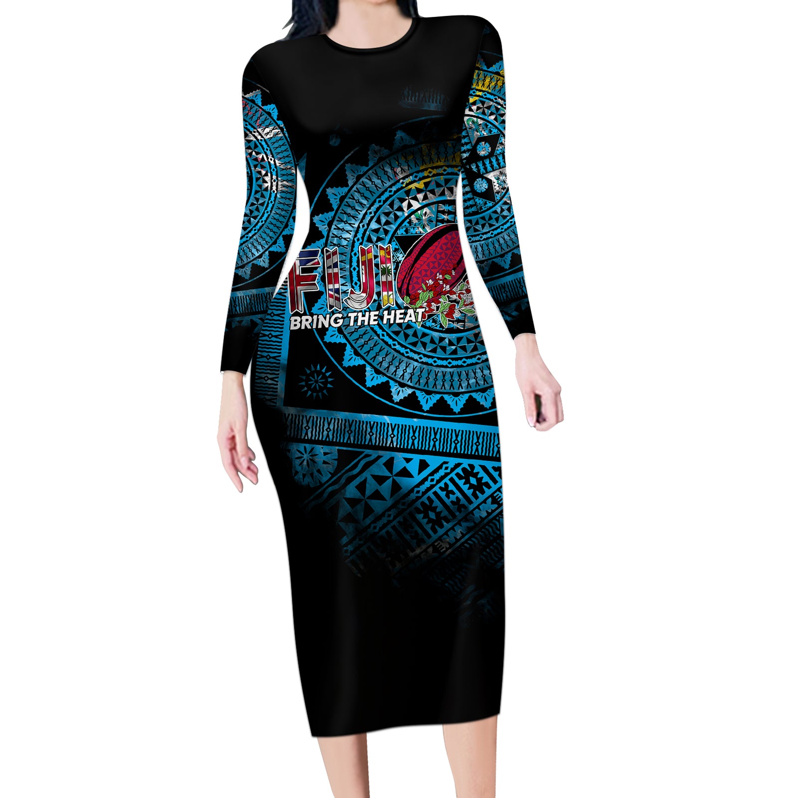 Fiji Rugby Long Sleeve Bodycon Dress Bring The Heat DT02 Long Dress Blue - Polynesian Pride