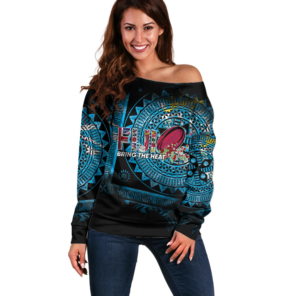 Fiji Rugby Off Shoulder Sweater Bring The Heat DT02 Women Blue - Polynesian Pride