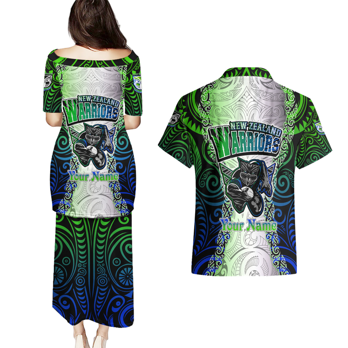Personalised New Zealand Warriors Couples Matching Puletasi Dress and Hawaiian Shirt Maori Silver Fern Green DT02 - Polynesian Pride