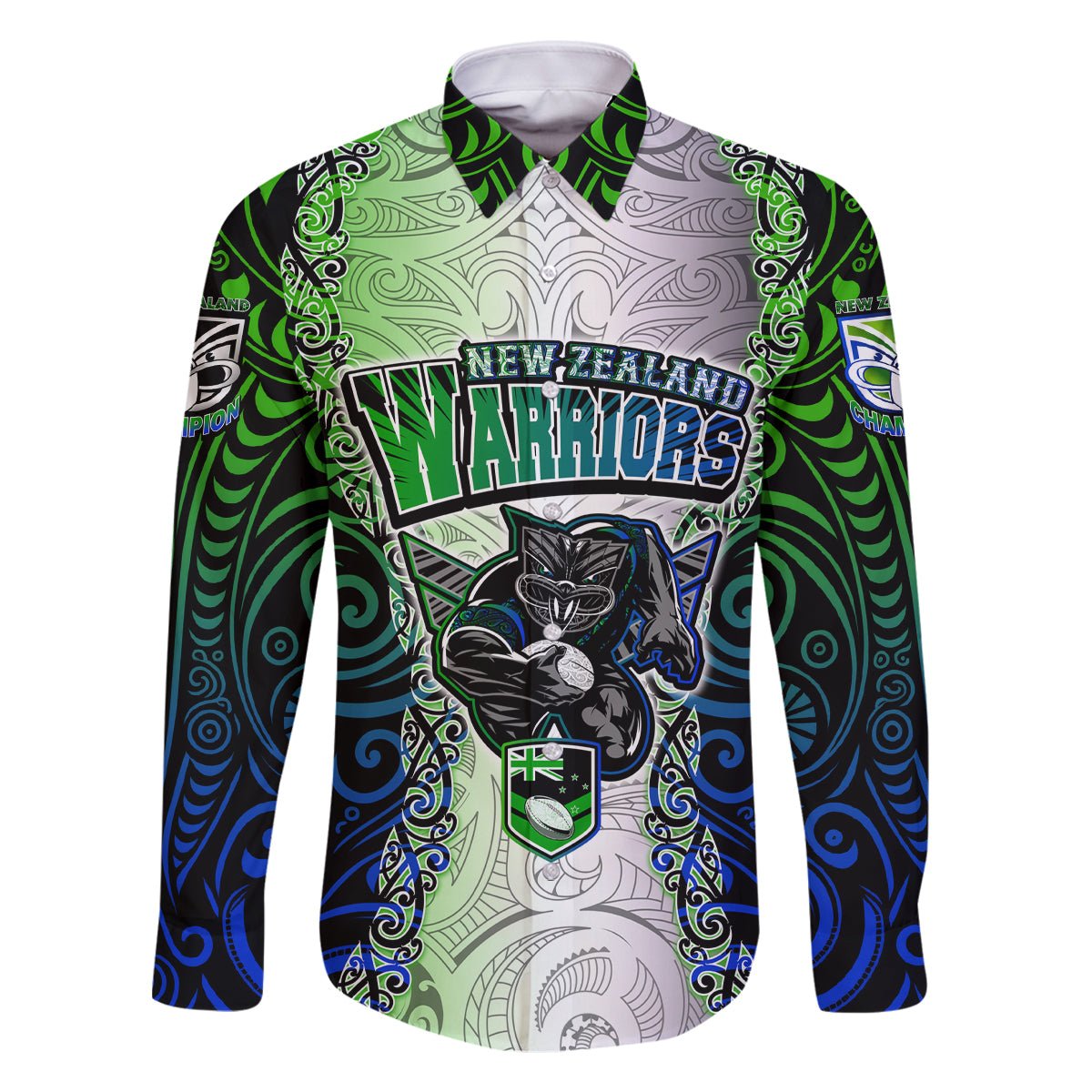 Personalised New Zealand Warriors Family Matching Long Sleeve Bodycon Dress and Hawaiian Shirt Maori Silver Fern Green DT02 Dad's Shirt - Long Sleeve Green - Polynesian Pride