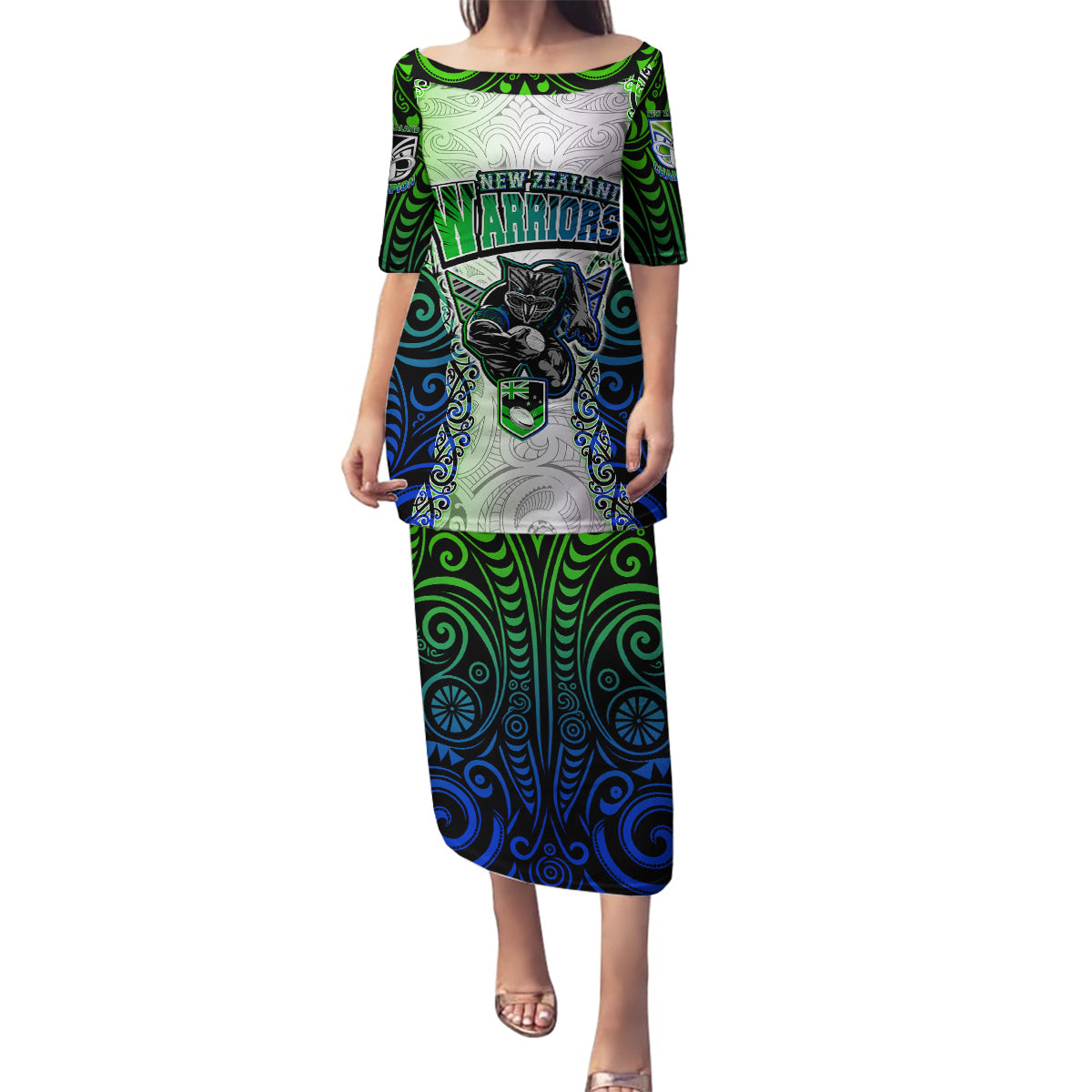 Personalised New Zealand Warriors Family Matching Puletasi Dress and Hawaiian Shirt Maori Silver Fern Green DT02 Mom's Dress Green - Polynesian Pride