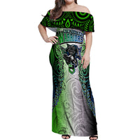 Personalised New Zealand Warriors Off Shoulder Maxi Dress Maori Silver Fern Green DT02 Women Green - Polynesian Pride