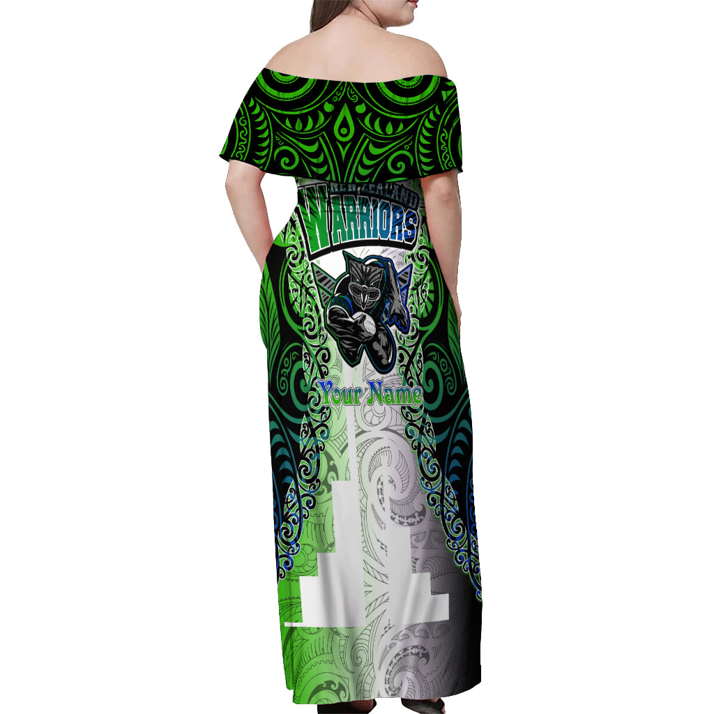 Personalised New Zealand Warriors Off Shoulder Maxi Dress Maori Silver Fern Green DT02 - Polynesian Pride