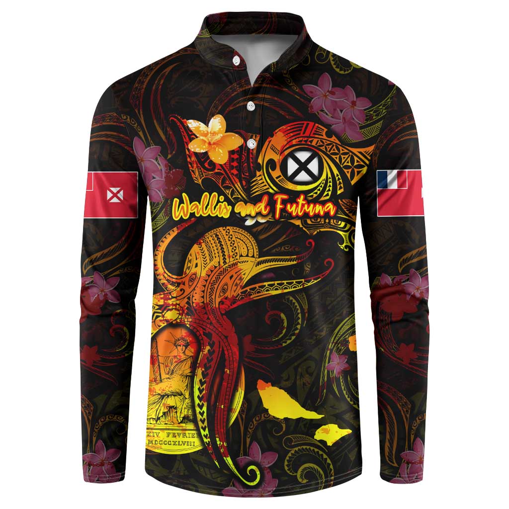 Wallis and Futuna Button Sweatshirt Octopus Plumeria Polynesian Tattoo DT02 Black - Polynesian Pride