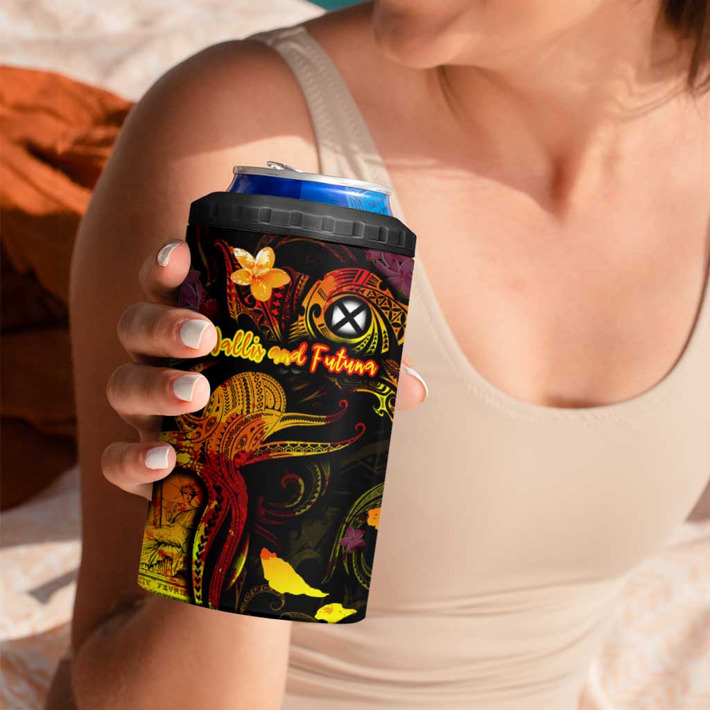 Wallis and Futuna 4 in 1 Can Cooler Tumbler Octopus Plumeria Polynesian Tattoo