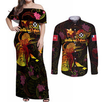 Wallis and Futuna Couples Matching Off Shoulder Maxi Dress and Long Sleeve Button Shirt Octopus Plumeria Polynesian Tattoo