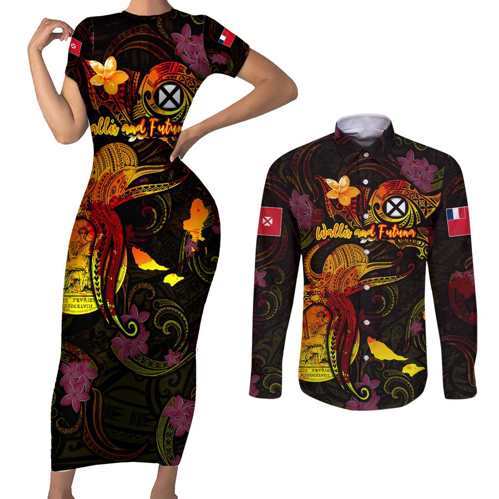 Wallis and Futuna Couples Matching Short Sleeve Bodycon Dress and Long Sleeve Button Shirt Octopus Plumeria Polynesian Tattoo DT02 Black - Polynesian Pride