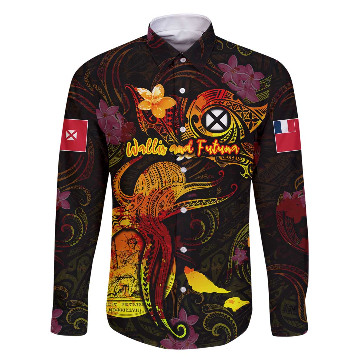 Wallis and Futuna Family Matching Off The Shoulder Long Sleeve Dress and Hawaiian Shirt Octopus Plumeria Polynesian Tattoo