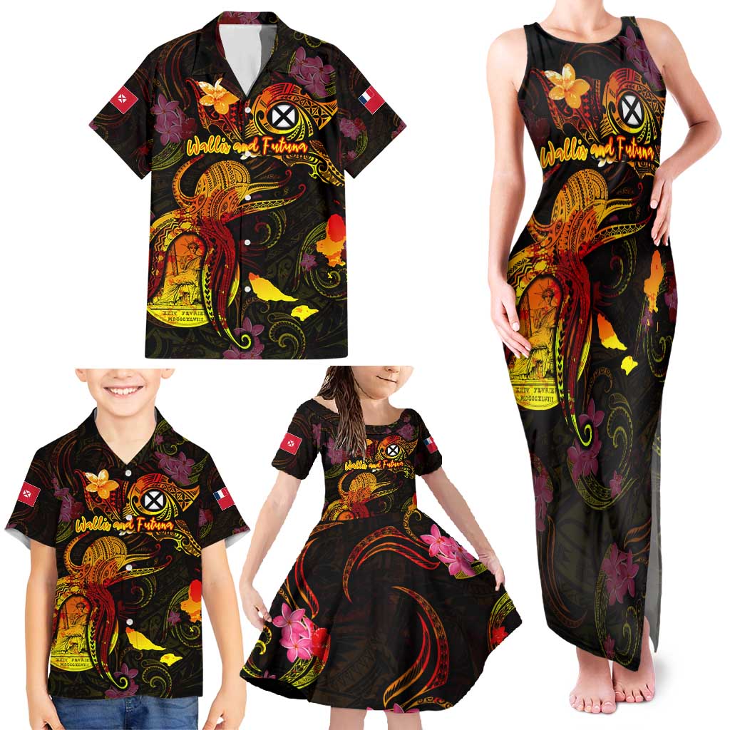 Wallis and Futuna Family Matching Tank Maxi Dress and Hawaiian Shirt Octopus Plumeria Polynesian Tattoo