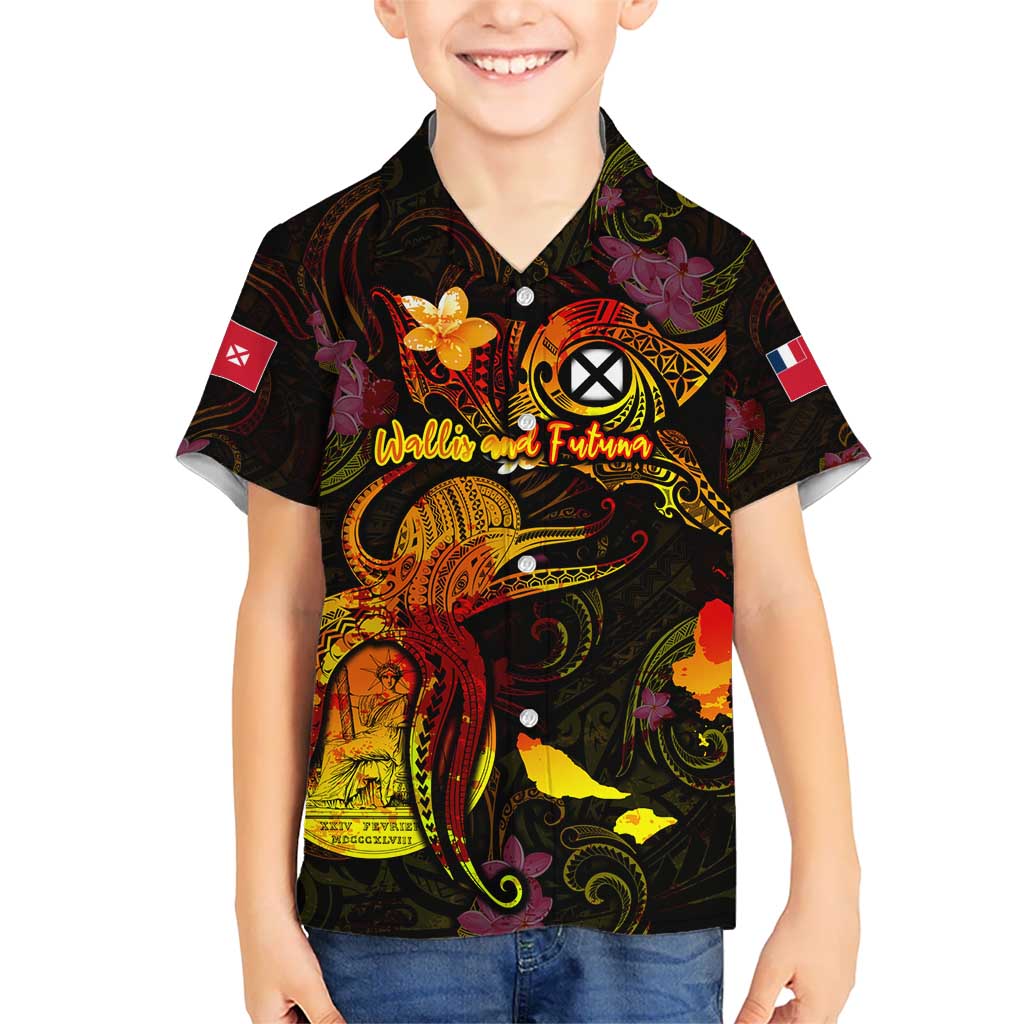 Wallis and Futuna Kid Hawaiian Shirt Octopus Plumeria Polynesian Tattoo DT02 Kid Black - Polynesian Pride