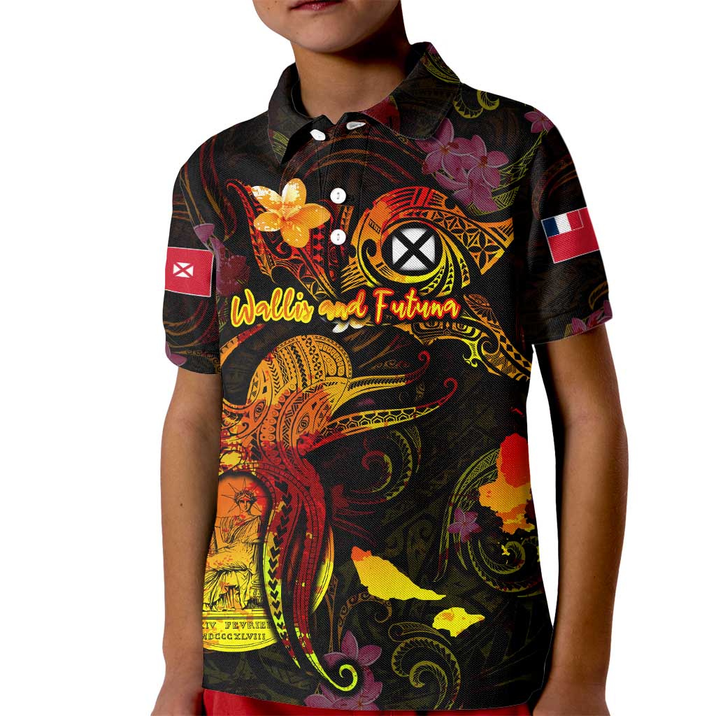 Wallis and Futuna Kid Polo Shirt Octopus Plumeria Polynesian Tattoo DT02 Kid Black - Polynesian Pride