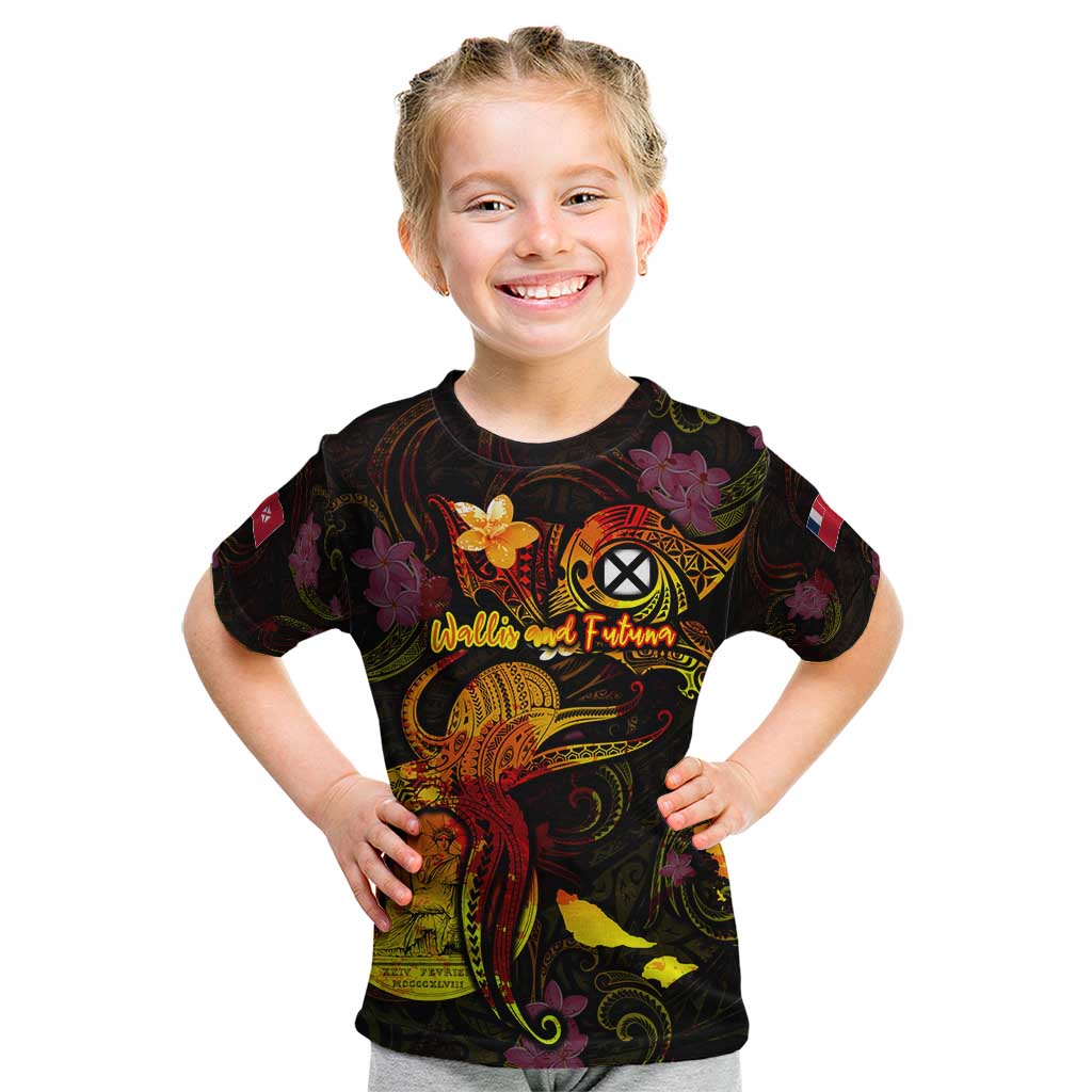 Wallis and Futuna Kid T Shirt Octopus Plumeria Polynesian Tattoo DT02 Black - Polynesian Pride
