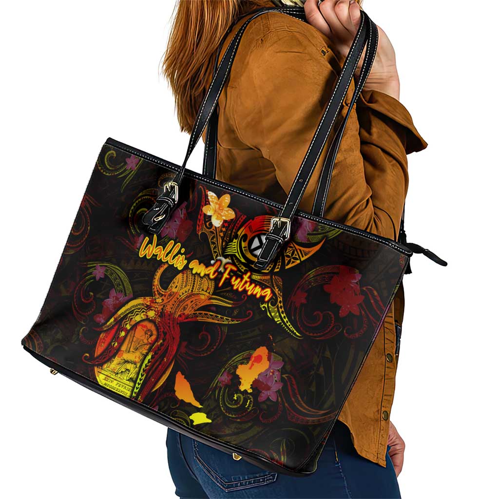 Wallis and Futuna Leather Tote Bag Octopus Plumeria Polynesian Tattoo