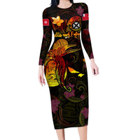 Wallis and Futuna Long Sleeve Bodycon Dress Octopus Plumeria Polynesian Tattoo