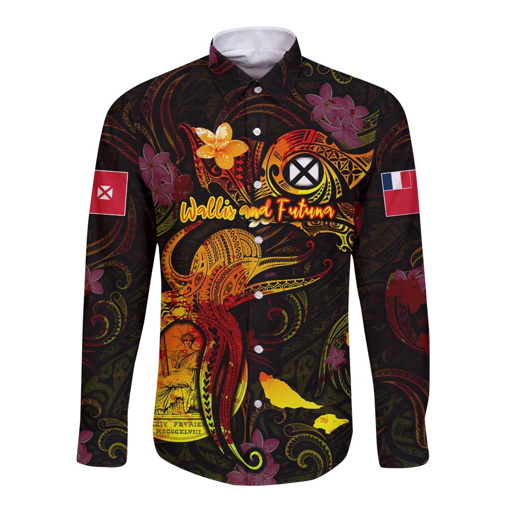 Wallis and Futuna Long Sleeve Button Shirt Octopus Plumeria Polynesian Tattoo DT02 Unisex Black - Polynesian Pride