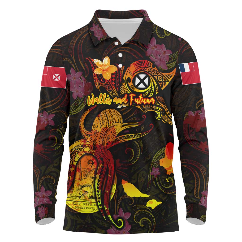Wallis and Futuna Long Sleeve Polo Shirt Octopus Plumeria Polynesian Tattoo DT02 Black - Polynesian Pride