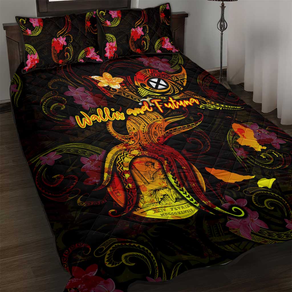 Wallis and Futuna Quilt Bed Set Octopus Plumeria Polynesian Tattoo DT02 Black - Polynesian Pride