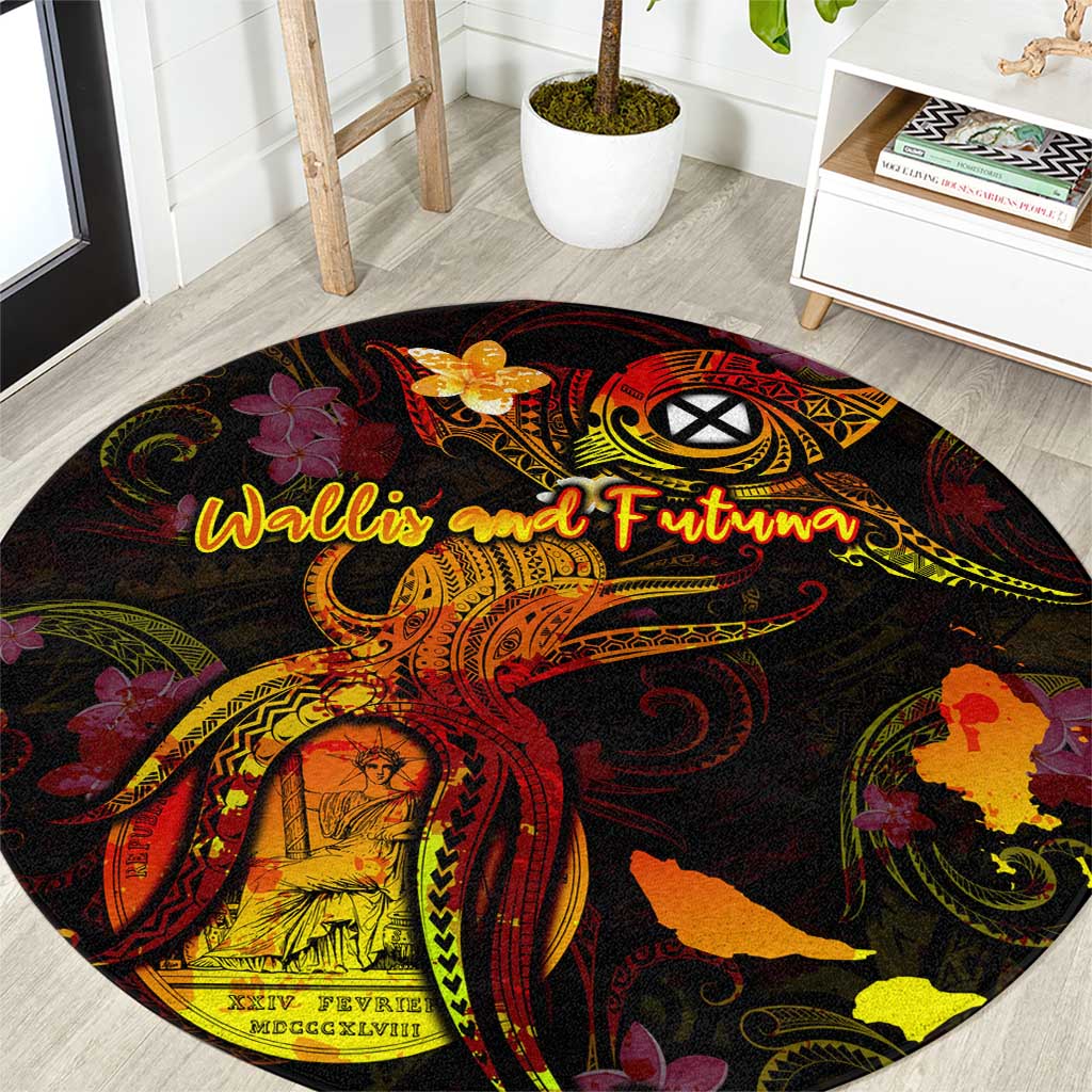Wallis and Futuna Round Carpet Octopus Plumeria Polynesian Tattoo DT02 Black - Polynesian Pride