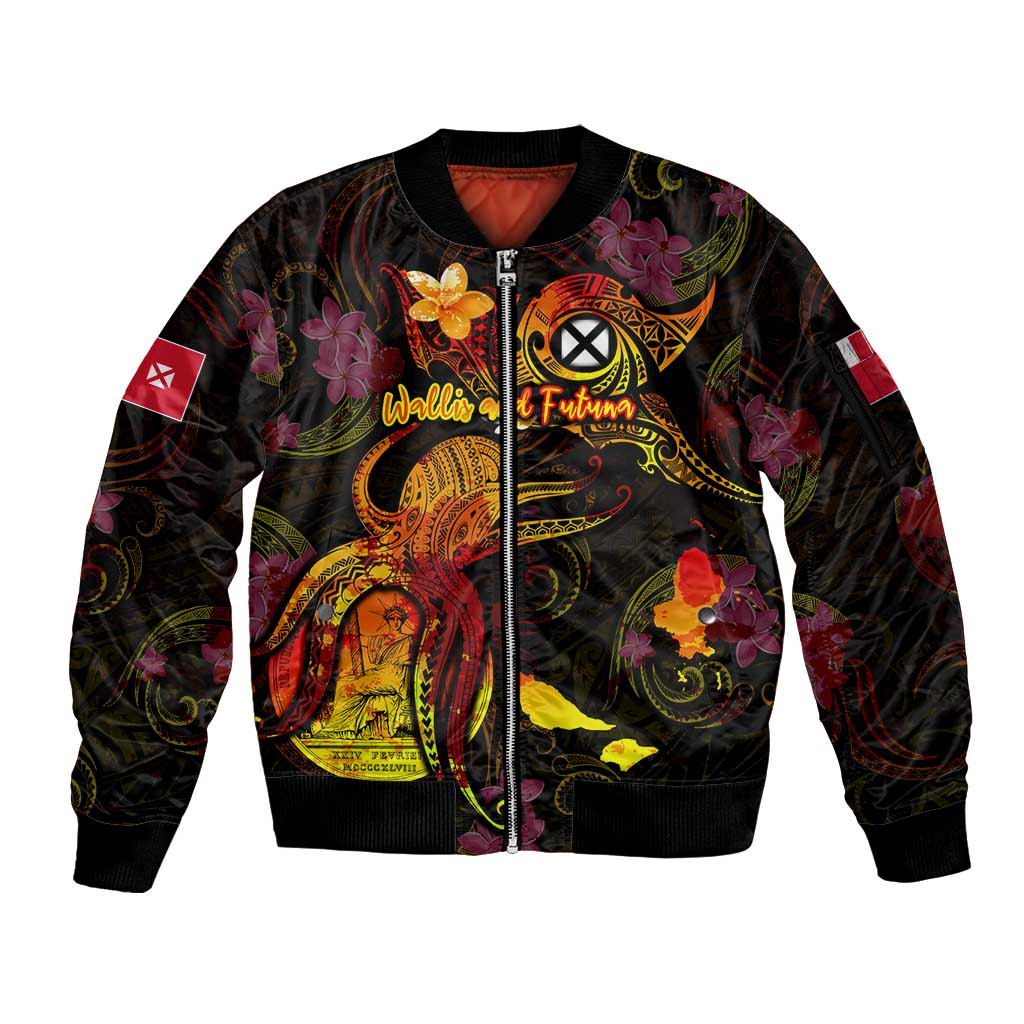 Wallis and Futuna Sleeve Zip Bomber Jacket Octopus Plumeria Polynesian Tattoo DT02 Unisex Black - Polynesian Pride