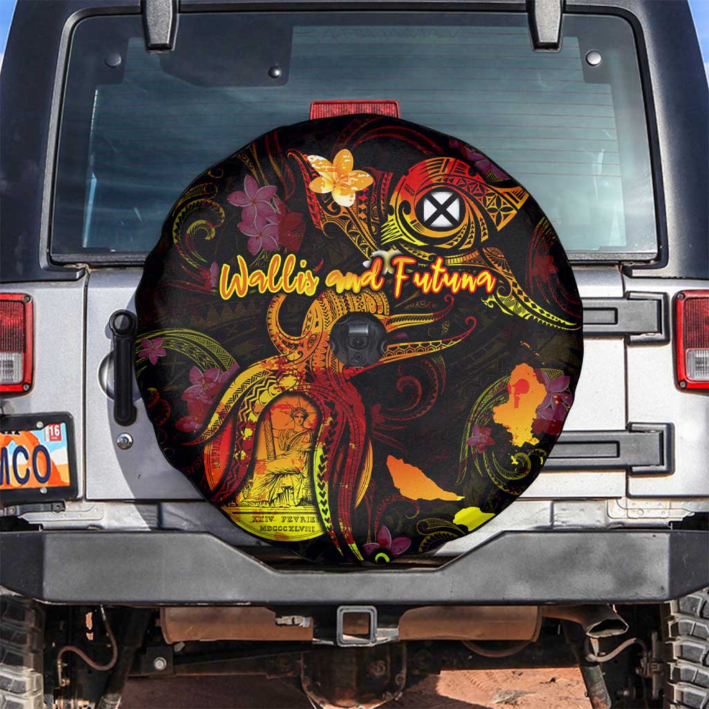 Wallis and Futuna Spare Tire Cover Octopus Plumeria Polynesian Tattoo DT02 Black - Polynesian Pride