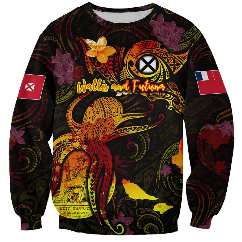 Wallis and Futuna Sweatshirt Octopus Plumeria Polynesian Tattoo DT02 Unisex Black - Polynesian Pride