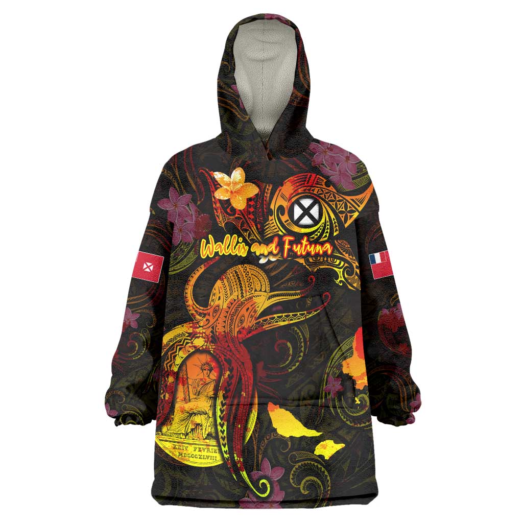 Wallis and Futuna Wearable Blanket Hoodie Octopus Plumeria Polynesian Tattoo DT02 One Size Black - Polynesian Pride