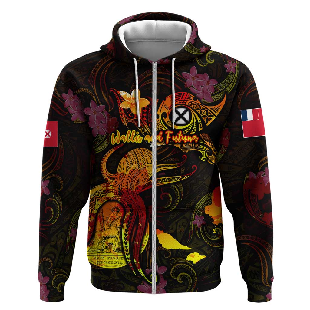 Wallis and Futuna Zip Hoodie Octopus Plumeria Polynesian Tattoo DT02 Zip Hoodie Black - Polynesian Pride