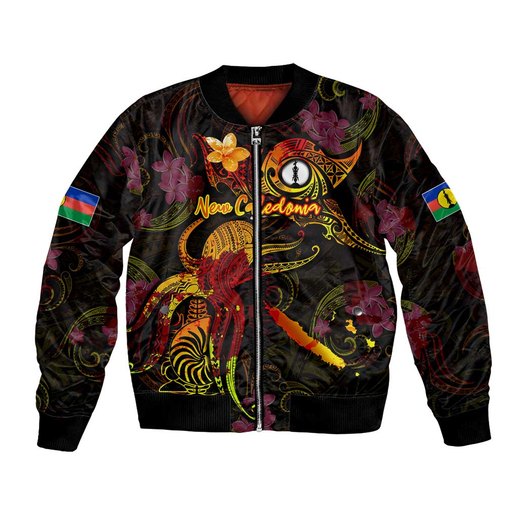 New Caledonia Bomber Jacket Octopus Plumeria Polynesian Tattoo DT02 Unisex Black - Polynesian Pride
