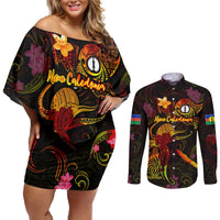New Caledonia Couples Matching Off Shoulder Short Dress and Long Sleeve Button Shirt Octopus Plumeria Polynesian Tattoo