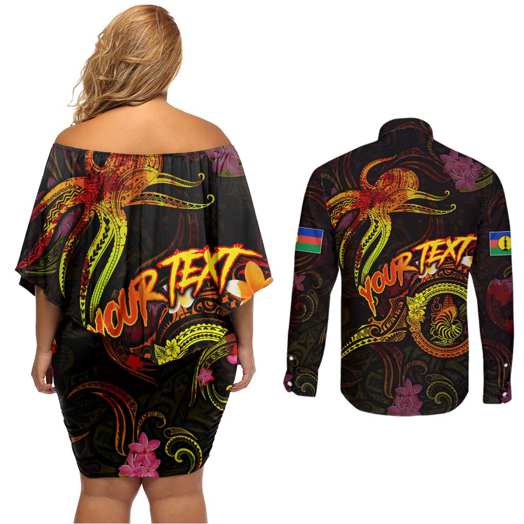 New Caledonia Couples Matching Off Shoulder Short Dress and Long Sleeve Button Shirt Octopus Plumeria Polynesian Tattoo