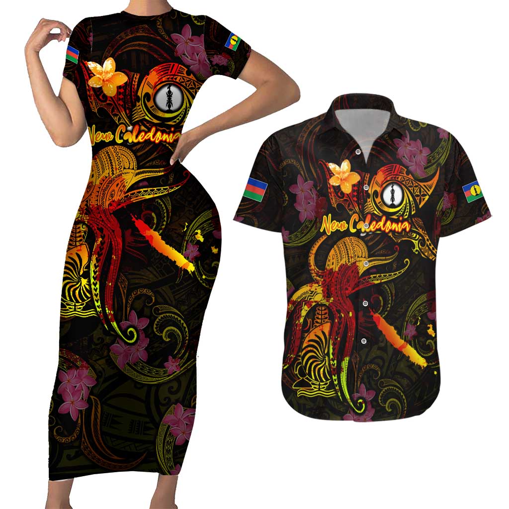 New Caledonia Couples Matching Short Sleeve Bodycon Dress and Hawaiian Shirt Octopus Plumeria Polynesian Tattoo