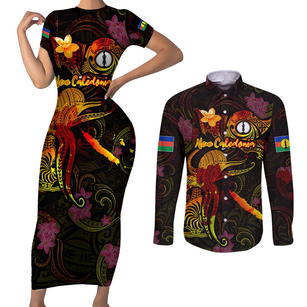 New Caledonia Couples Matching Short Sleeve Bodycon Dress and Long Sleeve Button Shirt Octopus Plumeria Polynesian Tattoo