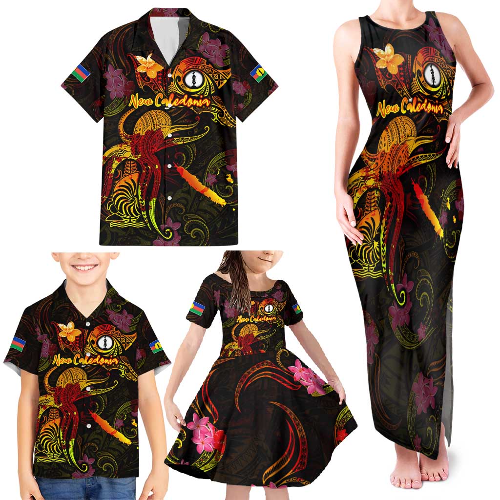 New Caledonia Family Matching Tank Maxi Dress and Hawaiian Shirt Octopus Plumeria Polynesian Tattoo