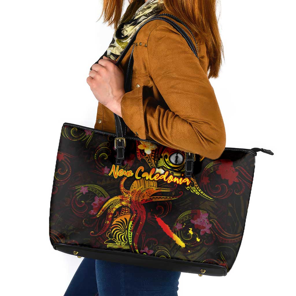 New Caledonia Leather Tote Bag Octopus Plumeria Polynesian Tattoo DT02 Black - Polynesian Pride