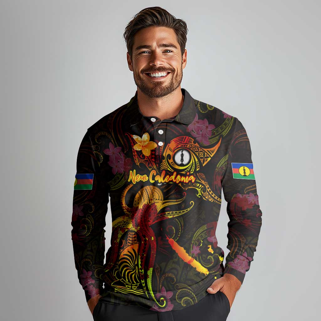 New Caledonia Long Sleeve Polo Shirt Octopus Plumeria Polynesian Tattoo