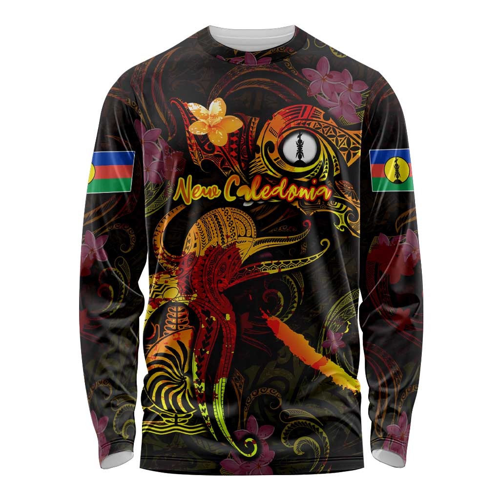 New Caledonia Long Sleeve Shirt Octopus Plumeria Polynesian Tattoo DT02 Unisex Black - Polynesian Pride