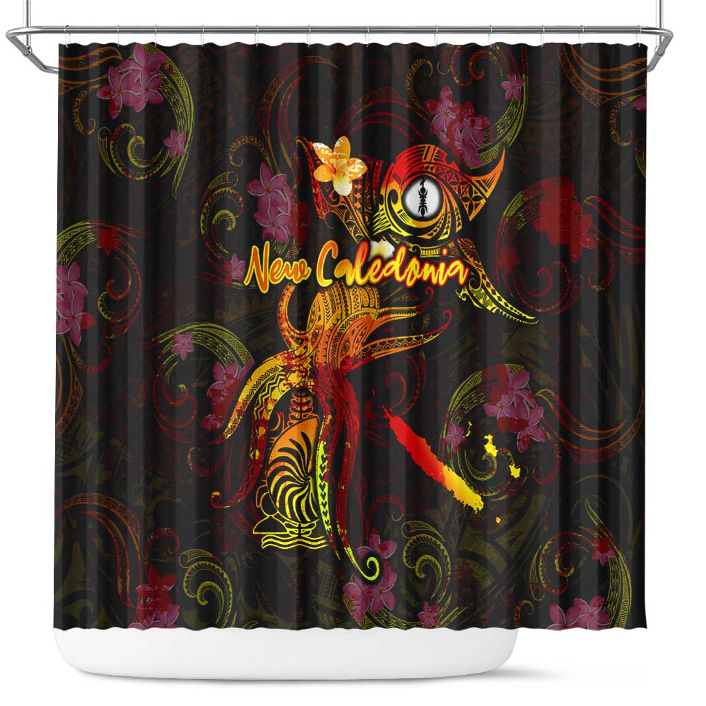New Caledonia Shower Curtain Octopus Plumeria Polynesian Tattoo DT02 Black - Polynesian Pride