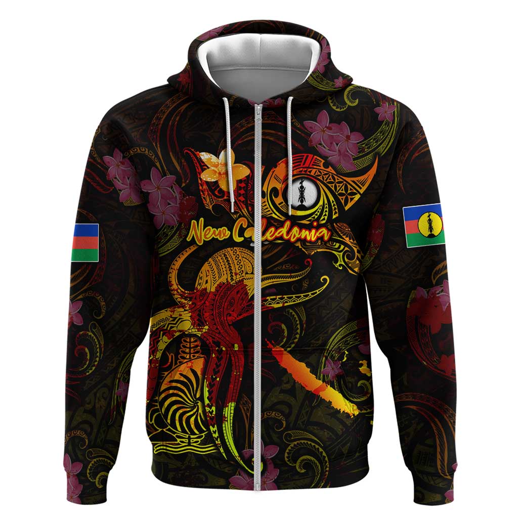 New Caledonia Zip Hoodie Octopus Plumeria Polynesian Tattoo DT02 Zip Hoodie Black - Polynesian Pride
