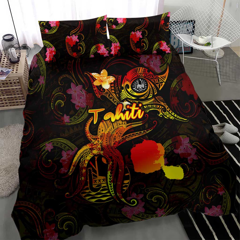 Tahiti French Polynesia Bedding Set Octopus Plumeria Polynesian Tattoo