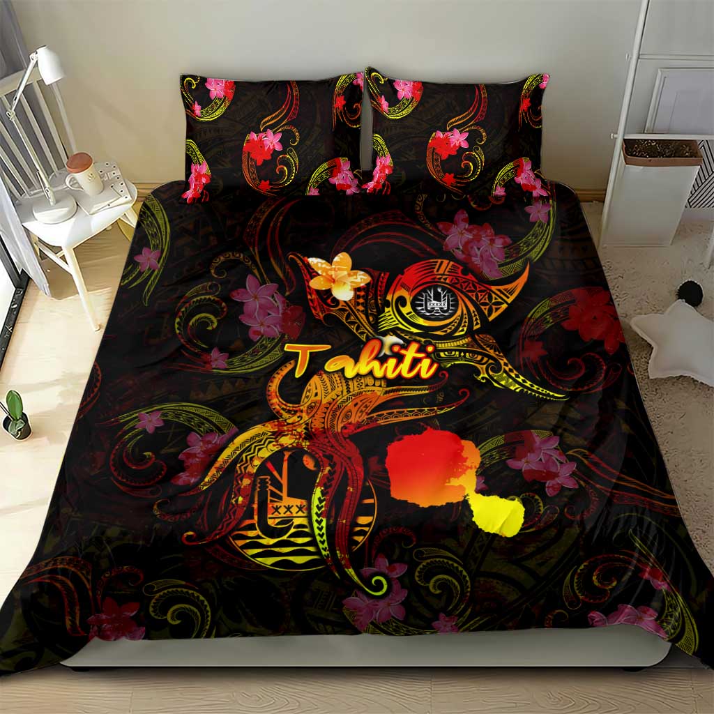 Tahiti French Polynesia Bedding Set Octopus Plumeria Polynesian Tattoo