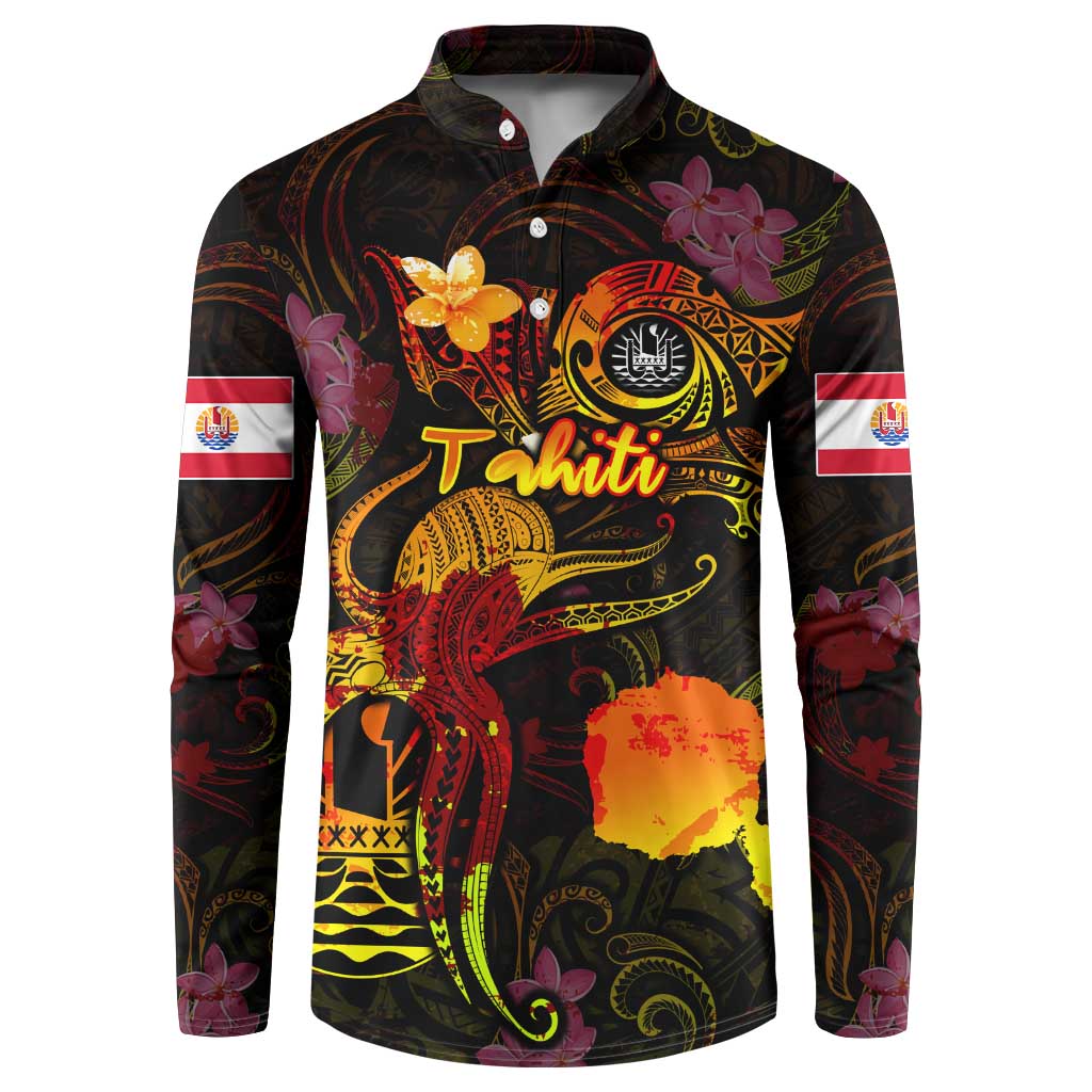 Tahiti French Polynesia Button Sweatshirt Octopus Plumeria Polynesian Tattoo