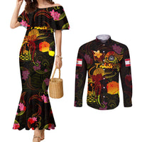 Tahiti French Polynesia Couples Matching Mermaid Dress and Long Sleeve Button Shirt Octopus Plumeria Polynesian Tattoo
