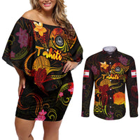 Tahiti French Polynesia Couples Matching Off Shoulder Short Dress and Long Sleeve Button Shirt Octopus Plumeria Polynesian Tattoo